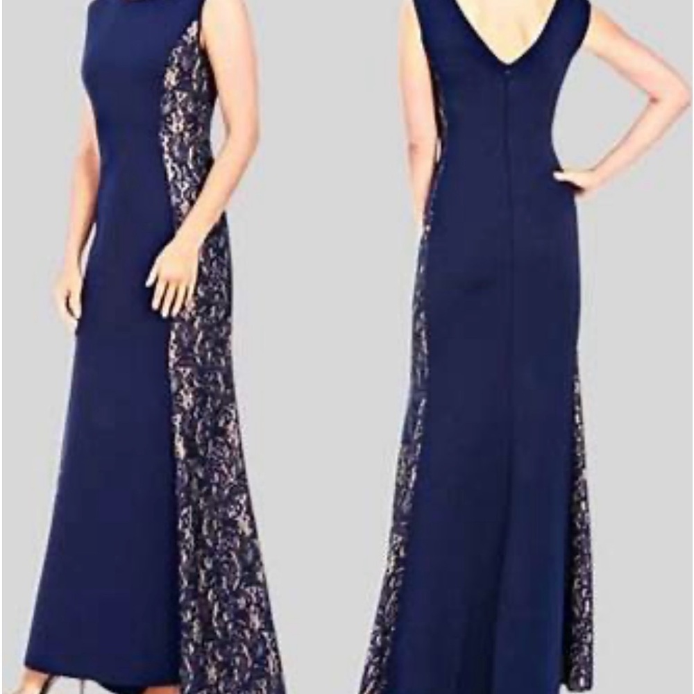 NWT Jessica Howard Illusion Side Lace Scuba Crepe Mermaid Gown—Navy